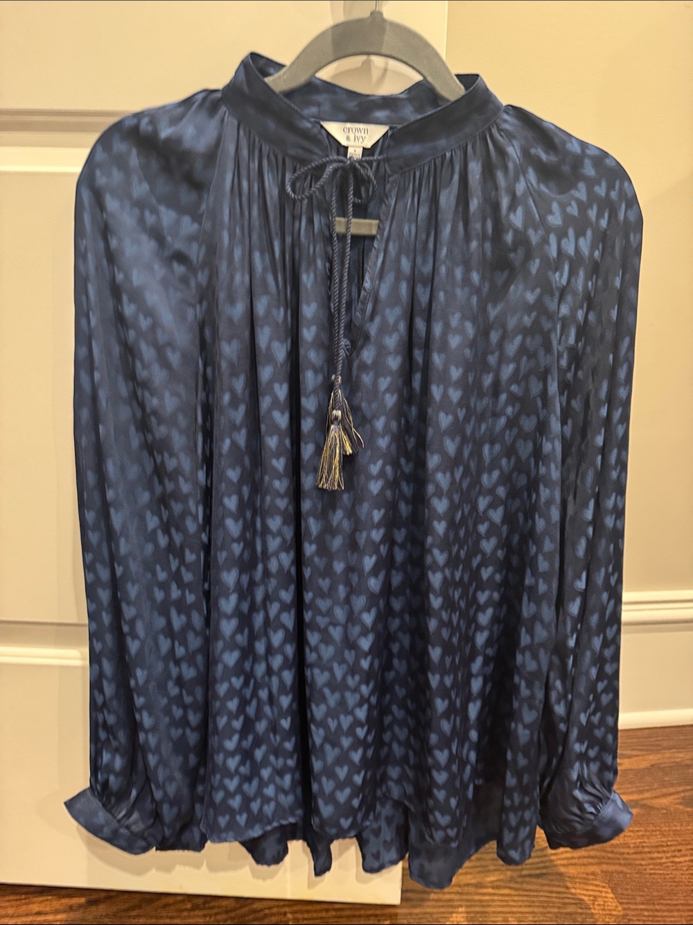 crown & ivy Navy Heart-Print Tassel Tie Blouse